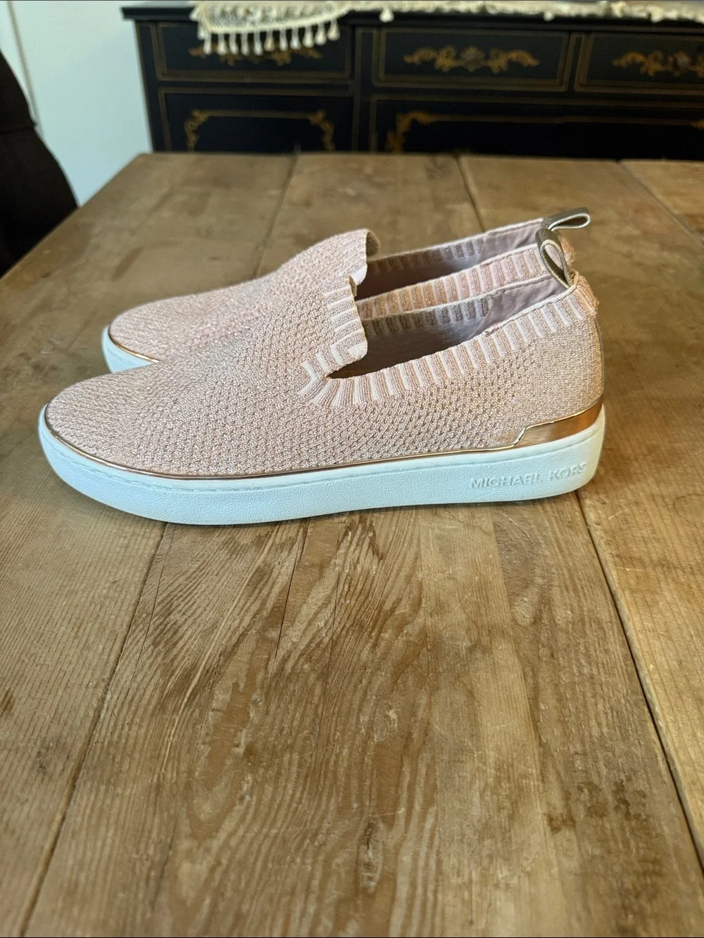 Michael Kors Blush Knit Slip-On Sneakers with Rose Gold Trim